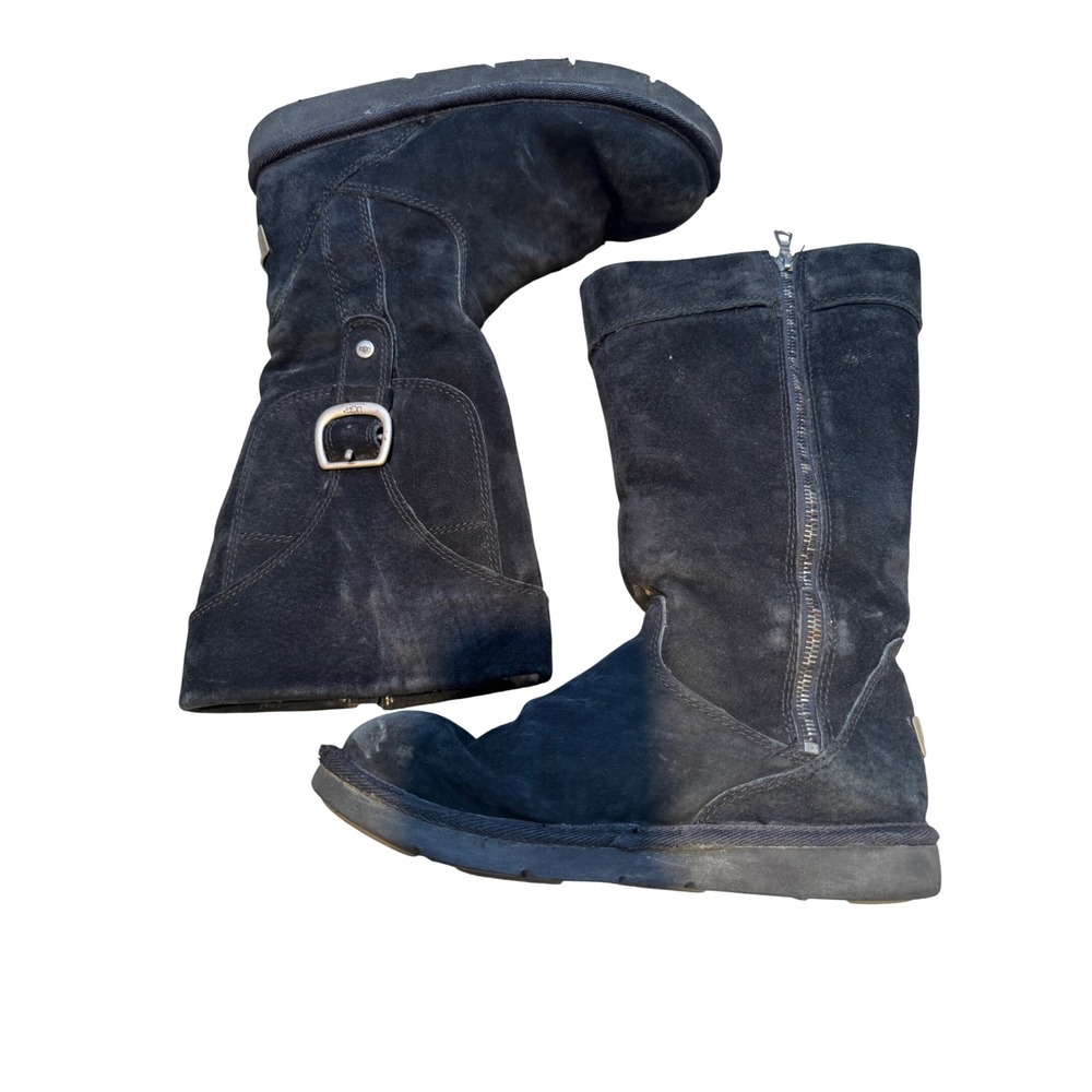 UGG Australia Womens 8 Tall‎ Boots Black Suede Sheepskin Buckle Zip Winter